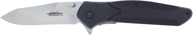 JKR Bearing assisted opening knife, 4.52 in. black fiber handle and 3.34 in. satin-finished blade, includes belt clip, total length 7.87 in., PRO10002 tool for fishing, hunting, camping and hiking