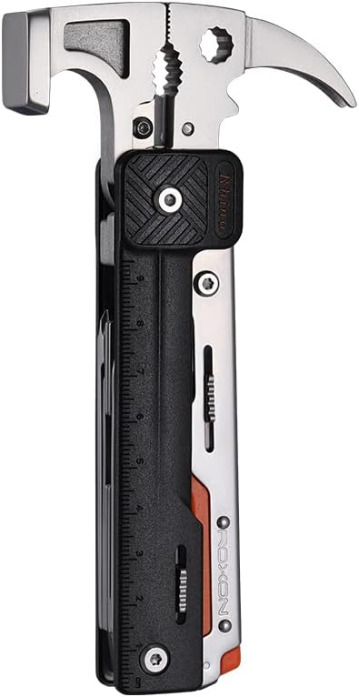 ROXON 16 in One Tools Camping Hammer Multitool with flint stone, replaceable cutter, Best Camping Accessories with plier, knife, bottle opener, saw, ruler
