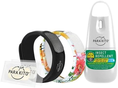Para'Kito Mosquito Bonus Pack - 2 Mosquito Wristbands | 2 Refills (Black + Flowery) + Insect Repellent Spray