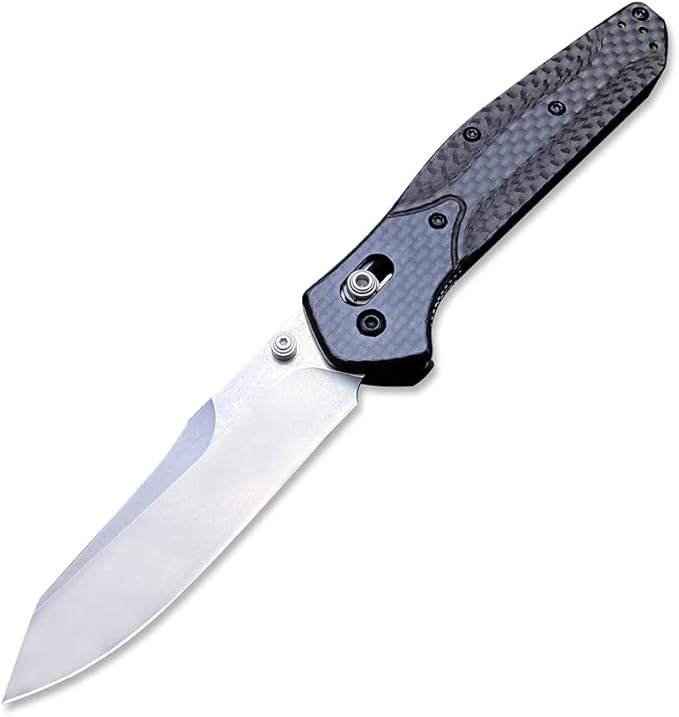 Outdoor Folding Pocket Knife, Reverse Tanto Blade, Plain Edge, Satin Finish, Black Carbon Fiber Handle With Belt Clip, Everyday Carry Thumb Studs Manual Open