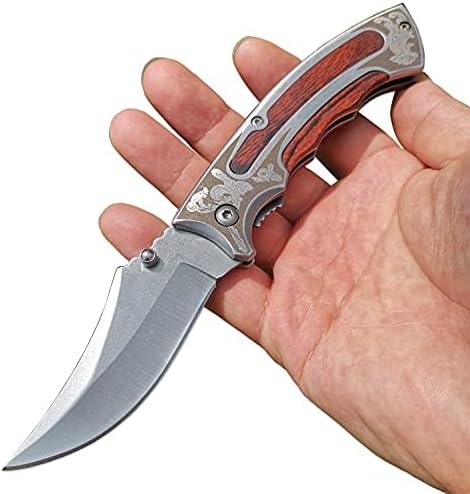 Premium Folding Knife - 7.5cm Blade, Laser Patterned Steel & Wood Handle, 57HRC Hardness, Thumb Stud Open - 19.5cm Full Length