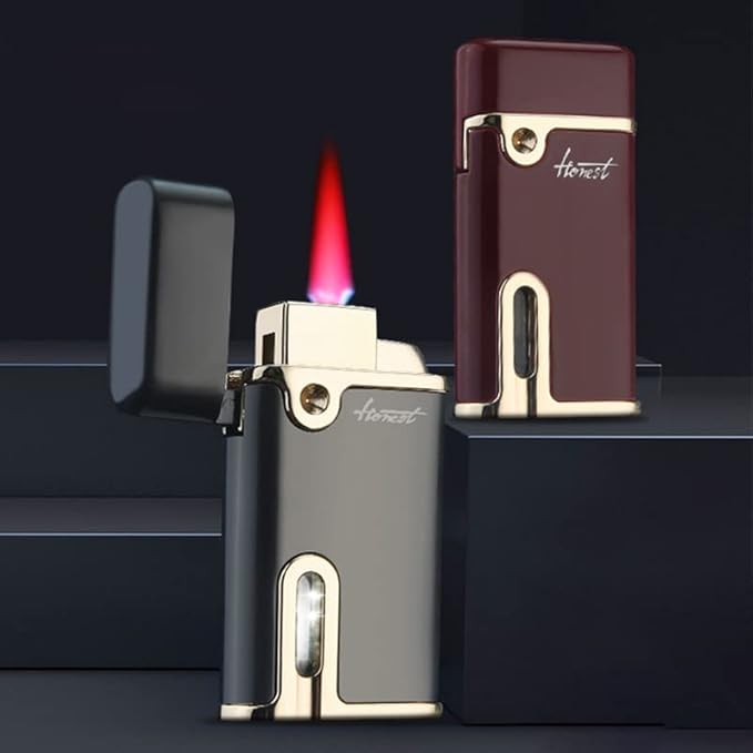 Slim Torch Butane Lighter with Red Flame, Refillable Butane Cigar Lighter, Fuel Visible Window Windproof Lighter for Grill BBQ Camping (Butane NOT Included) (Black)