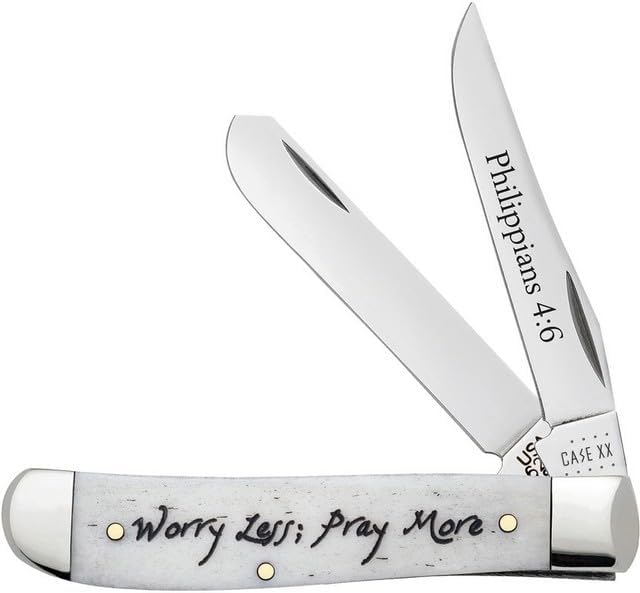Case XX WR Pocket Knife Mini Trapper Worry Less, Pray More Natural Smooth Bone Item #60869 - (6207 SS) - Length Closed: 3 1/2 Inches Closed