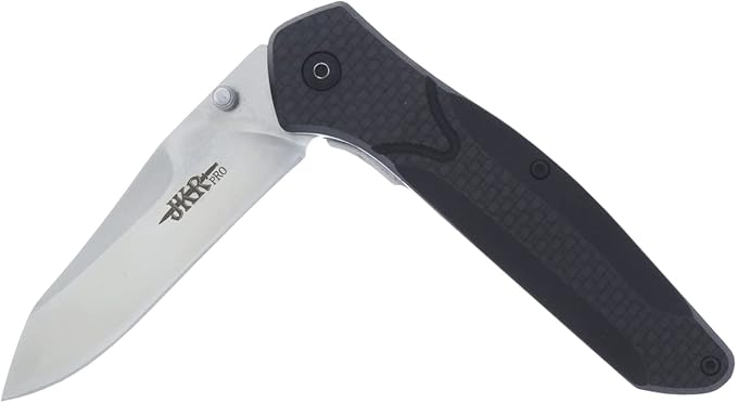 JKR Bearing assisted opening knife, 4.52 in. black fiber handle and 3.34 in. satin-finished blade, includes belt clip, total length 7.87 in., PRO10002 tool for fishing, hunting, camping and hiking