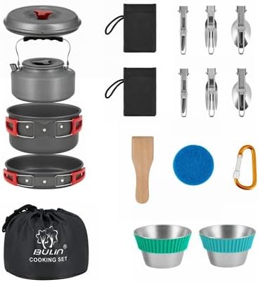 Bulin 24/13/11/8/4 PCS Camping Cookware Mess Kit Lightweight Backpacking Cooking Set Outdoor Cook Gear for Family Hiking, Picnic(Kettle, Pot, Frying Pan, Bowls, Plates, Spoon)