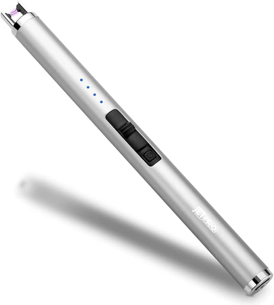 USB Rechargeable Candle Lighter Electronic Arc Lighter Windproof Flameless with Safety Button for Camping Cooking BBQ (Silver)