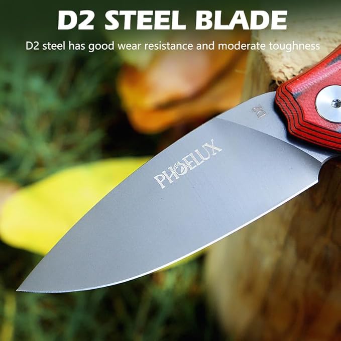 7.51" Pocket Folding Knife- D2 Blade and G10 Handle(Red Feather Pattern) EDC Knife with Pocket Clip, Liner Lock and Waterproof Box, Good for Survival Camping, Outdoor, Hiking, Hunting