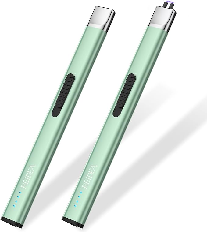 REIDEA Lighters 2 Pack R1 Flat Electronic Candle Lighter, Windproof Flameless USB Rechargeable Arc Lighter with Safe Button and Power Indicator for Candle, BBQ and Fireworks, Mint Green