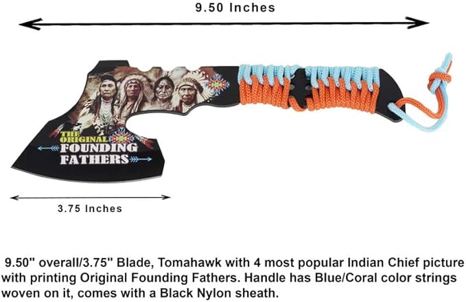 Tomahawk Founding Fathers Axe Survival Hatchet, Great for Camping, Survival, and Outdoors Activity, Handle Blue/coral Strings Woven On It Comes with Black Nylon Sheath, for Any Occasion
