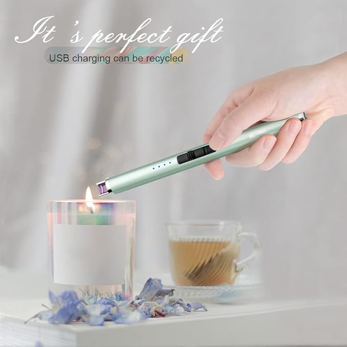 USB Rechargeable Candle Lighter Electronic Arc Lighter Windproof Flameless with Safety Button for Camping Cooking BBQ (Green)