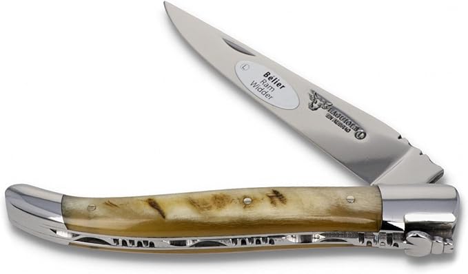 Laguiole en Aubrac Handmade Knife 12 cm L0212BEIF ram's Horn Handle, Blade and bolsters Stainless Steel Shiny