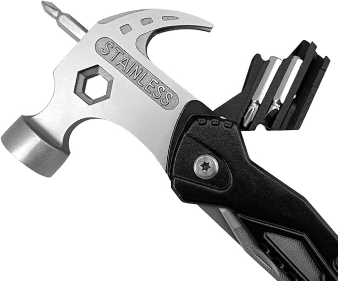Camping Accessories Multitool Hammer, Mini Multi tool Gadgets with DIY Stickers, Safety Lock & Screwdriver Bits Set, Cool Hiking Survival Gear, Multi Tool for Outdoor, Camping