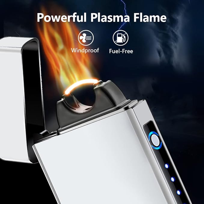 SKRFIRE Electric Lighters Candle Lighter Rechargeable USB Lighter Plasma Arc Big Flame Lighter with LED Battery Indication for Ignition, Candle, Incense, BBQ (Silver)
