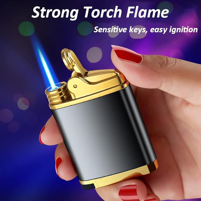 Pocket Torch Lighter, Jet Flame Butane Lighter with Flame Dial, Refillable Torch Lighter, Windproof Jet Lighter for Hiking Camping, No Gas (Silver)
