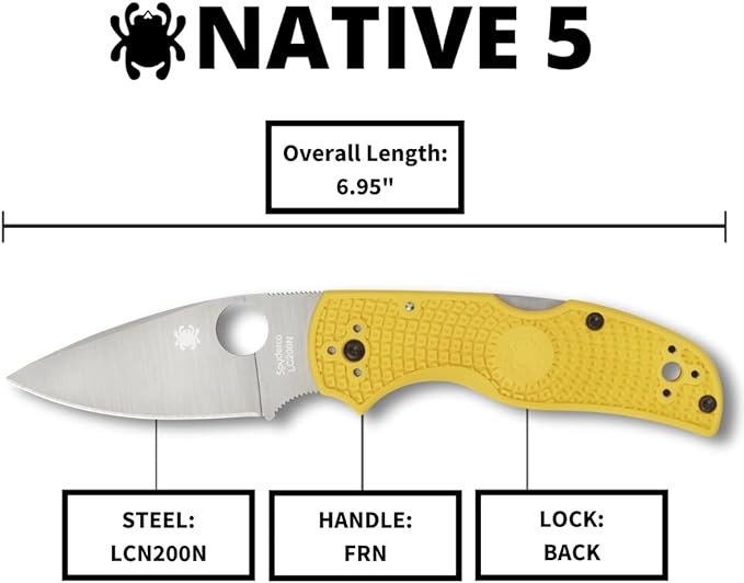 Spyderco Native 5 Salt Knife with 2.95" Corrosion-Resistant LC200N Steel Blade and Lightweight Yellow FRN Handle - PlainEdge - C41PYL5