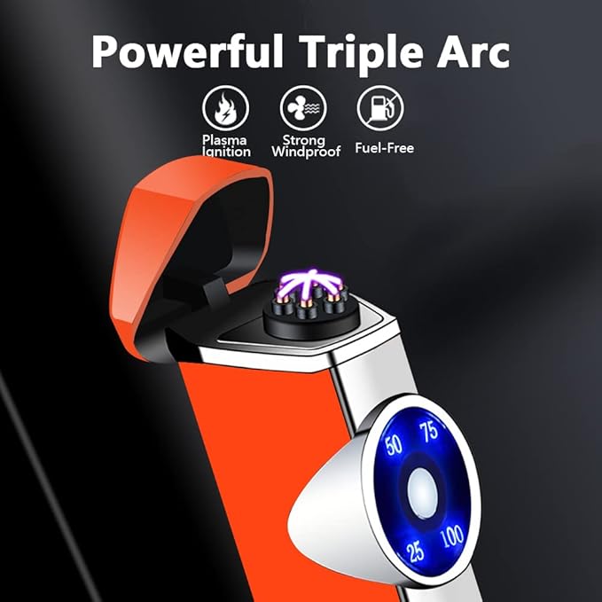 SKRFIRE Arc Lighter Rechargeable USB Lighter Triple Arc Plasma Lighter Windproof Flameless Electronic Lighter Portable Lighter with Smart Safety Switch for Outdoor Camping, Hiking, Travel (Orange)
