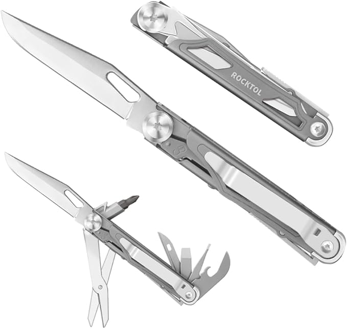 Multitool Pocket Knife,12-in-1 Multitool Knife,Titanium-Plated Handle,Pocket Clip,Large Scissors,Stainless Steel for Camping, Hiking, Survival, multitool for Men