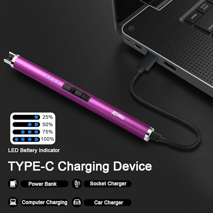 USB Rechargeable Candle Lighter Electronic Arc Lighter Windproof Flameless with Safety Button for Camping Cooking BBQ (Purple)