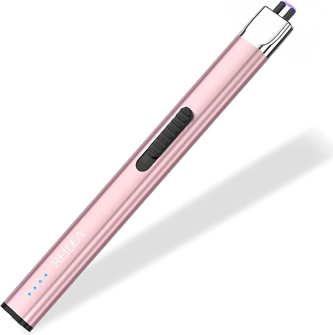 REIDEA Electric Lighter R1 Flat Candle Lighter, Windproof Flameless USB Rechargeable Arc Lighter with Safe Button and Power Indicator for Candle, BBQ and Fireworks, Rose Gold