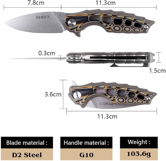 7.51" Pocket Folding Knife- D2 Blade and G10 Handle(Orange Feather Pattern) EDC Knife with Pocket Clip, Liner Lock and Waterproof Box, Good for Survival Camping, Outdoor, Hiking, Hunting