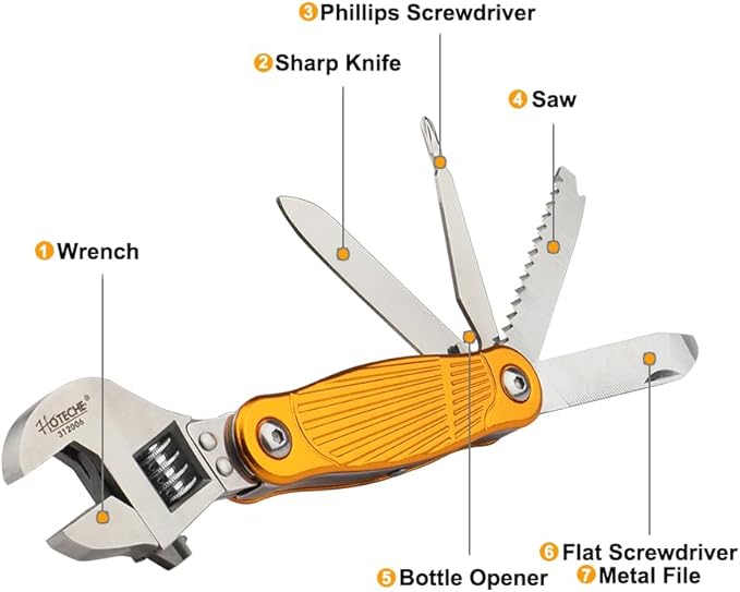 Hoteche MultiTool 7-in-1 Multi-Function Aluminum Handle Adjustable Wrench with Stainless Steel File, Saw, Screwdriver, Bottle Opener, Pocket Knife l for DIY, Outdoor and Household Repairs