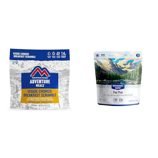 Mountain House Veggie Chorizo Breakfast Scramble 2-Servings & Backpacker's Pantry Pad Thai Vegan Gluten Free 1 Count Freeze-Dried Backpacking & Camping Food