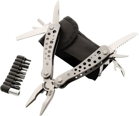 M-Tac Type 1 Multitool Screwdriver with 9 bits - 11-in-1 Stainless Steel Utility Tools with Knife Saw Pliers - EDC Outdoor Multi Tool in Nylon Case (Gray)
