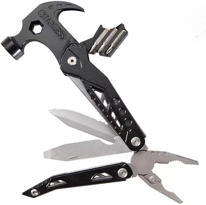 Camping Accessories Multitool Hammer, Mini Multi tool Gadgets with DIY Stickers, Safety Lock & Screwdriver Bits Set, Cool Hiking Survival Gear, Multi Tool for Outdoor, Camping