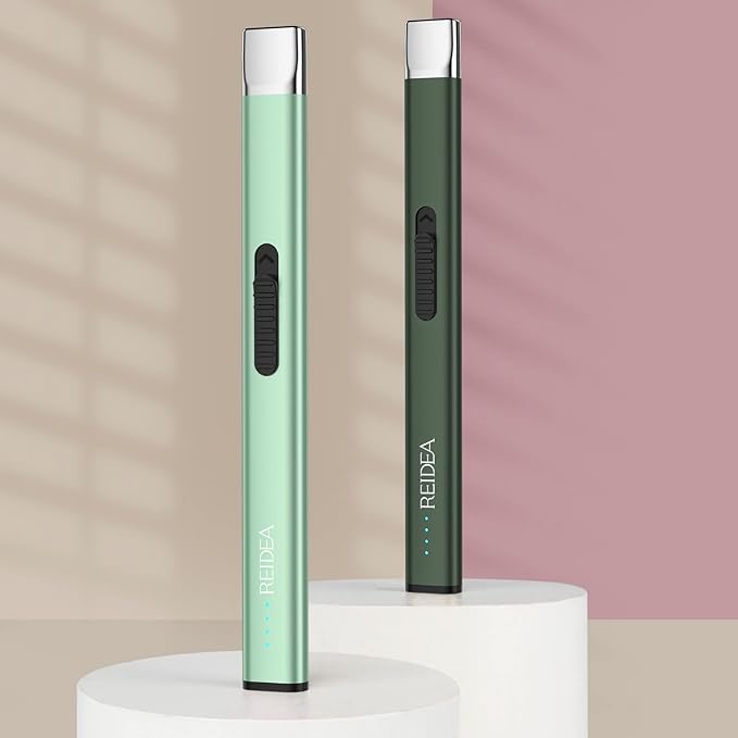 REIDEA Electric Lighter R1 Flat Candle Lighter, Windproof Flameless USB Rechargeable Arc Lighter with Safe Button and Power Indicator for Candle, BBQ and Fireworks, Mint Green