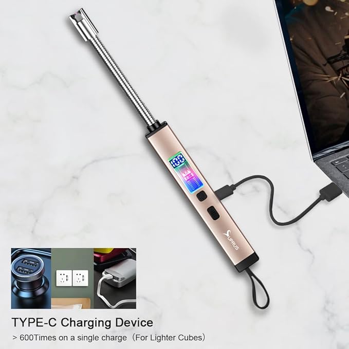 SUPRUS Electric Candle Lighter USB-C Rechargeable with Digital Battery Display Ambient Lighting Safety Switch 360° Flexible Neck Flameless Plasma Windproof Perfect for Candle BBQ Camping (Gold)