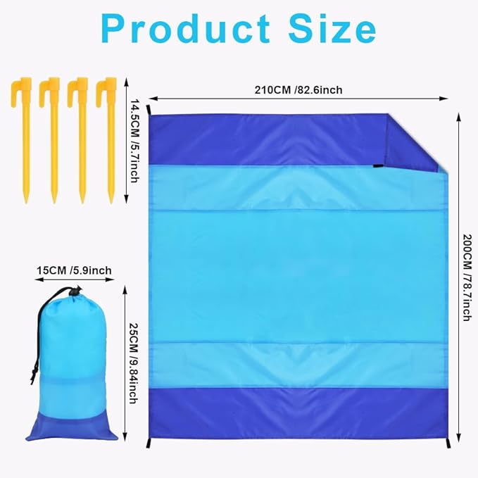 Ainiv Beach Blanket Beach Mat, Sandproof Waterproof Beach Mat, Extra Large 82 * 79 in (5-7 People) Picnic Blanket with 1 Storage Bag, 1 Carabiner & 4 Fixed Nails for Beach, Camping, Hiking, Picnic