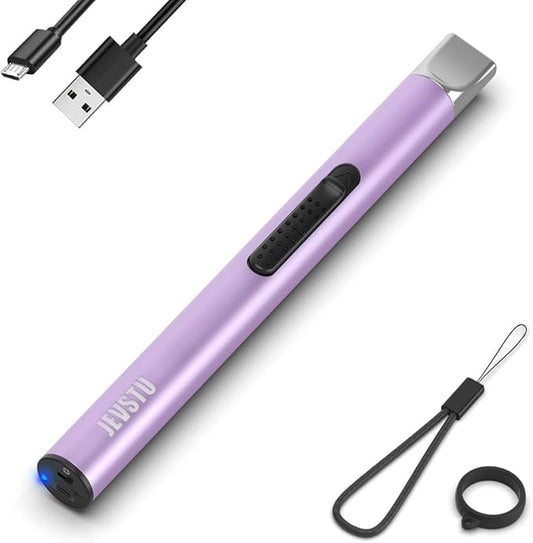 Candle Lighter, Electric Lighter Rechargeable USB Lighter, Arc Windproof Flameless Plasma Lighter Long Stick with Rope and Ring, No Butane Fluid, Perfect for Candle BBQ Camping Kitchen Stove, Purple