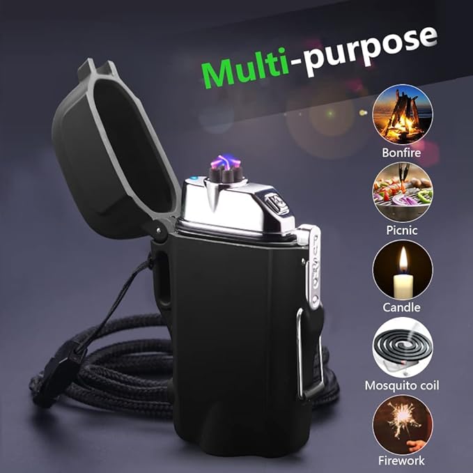 GADATOP Electric Lighter, Outdoor Waterproof Double arc Lighter Windproof Lighter, Rechargeable USB Lighter flameless Plasma Lighter with LED Torch with Lanyard, Suitable for Camping, Hiking (Black)