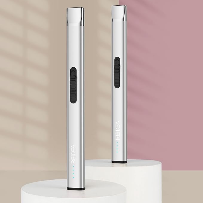 REIDEA Lighters 2 Pack R1 Flat Electronic Candle Lighter, Windproof Flameless USB Rechargeable Arc Lighter with Safe Button and Power Indicator for Candle, BBQ and Fireworks, Silver