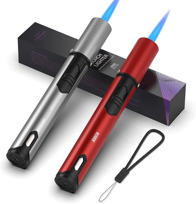 Butane Lighter, 2 Pack Torch Lighter with Fuel Level Window, Adjustable Fire Jet Torch Windproof Lighter Long for Grill Cooking Candle, Red & Silver (Gas not Included)