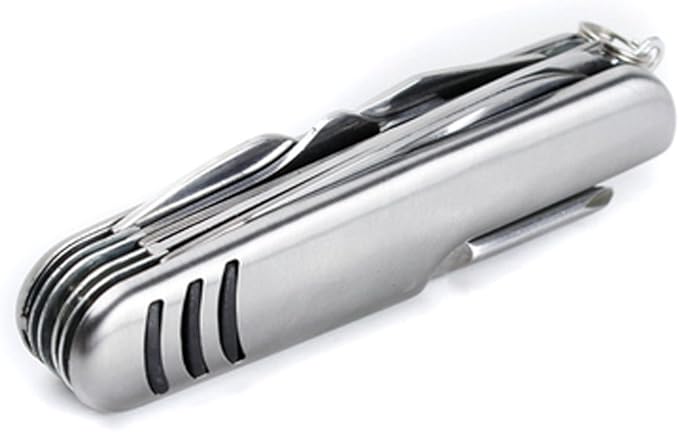 Multi Function Pocket Tools Chest Knife Stainless Steel with 11 features: knife, saw, double jagged, scissors, bottle opener, can opener, the screwdriver, file, the threading, scissors, red wine drill