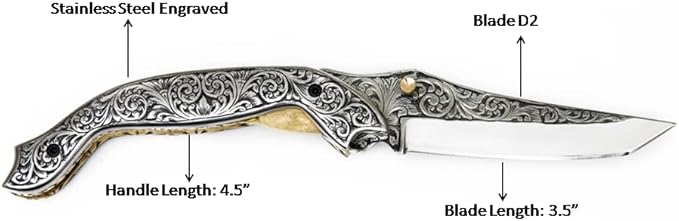 GLADIUS CRAFTS" Exquisite 9-inch Hand-Crafted Folding Knife - 3.5-inch D2 Steel Blade with 4.5-inch Hand-Engraved Stainless Steel Handle - Ideal for Collection, EDC Tool, or any other Practical Use - An Exceptional Gift