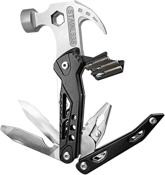 Camping Accessories Multitool Hammer, Mini Multi tool Gadgets with DIY Stickers, Safety Lock & Screwdriver Bits Set, Cool Hiking Survival Gear, Multi Tool for Outdoor, Camping