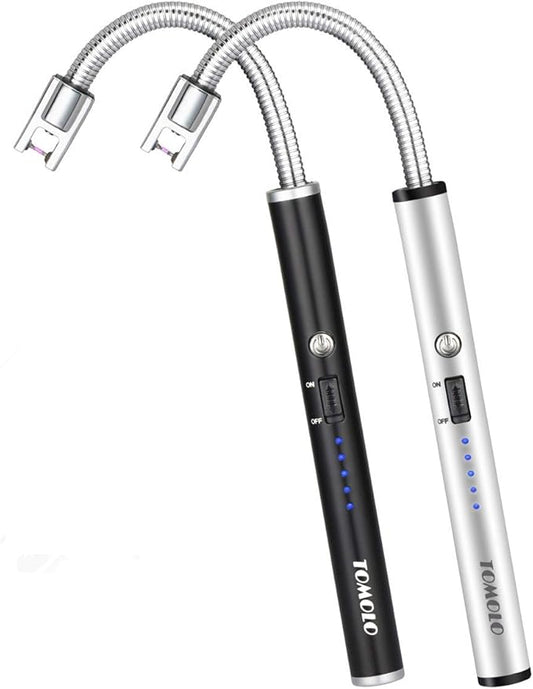 Electric Rechargeable Candle Lighter Grill Lighter Arc Lighter with Flexible Neck, LED Battery Display Safety Switch for Candle Camping Cooking BBQs Fireworks (Black&Silver)