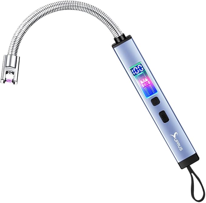 SUPRUS Electric Candle Lighter USB-C Rechargeable with Digital Battery Display Ambient Lighting Safety Switch 360° Flexible Neck Flameless Plasma Windproof Perfect for Candle BBQ Camping (Blue)