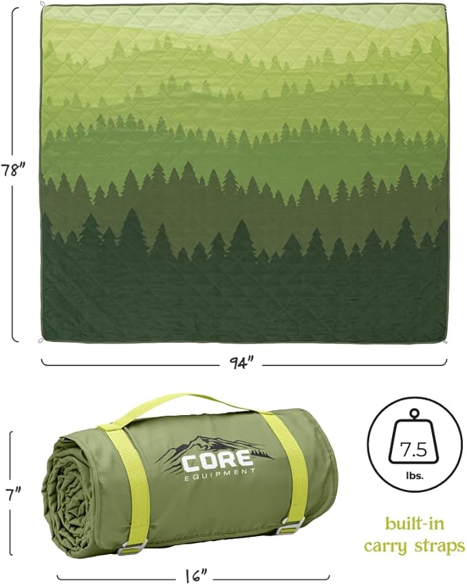 CORE Outdoor Weighted Blanket | Packable Waterproof Picnic Blanket, Beach Mat, Tent Camping Rug, & Stadium Blanket | Large Portable 94" x 78" Quilt Design with Built-in Straps and Carry Handle