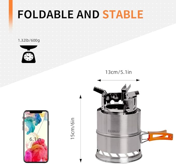 CANWAY Camping Stove, Portable Stainless Steel Wood Burning Survival Stove with Nylon Carry Bag for Outdoor Backpacking Hiking Traveling Picnic BBQ
