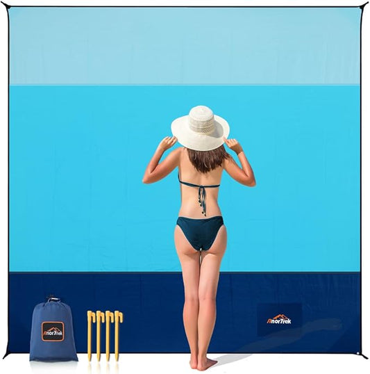 Beach Blanket Sandproof, Extra Large Beach Mat, Sand Free Mat Quick Drying, Lightweight, Soft & Durable Mat for Beach, Yard (Sky Blue & Blue & Dark Blue, 6.6 x 6.6 FT (1~4 Person))