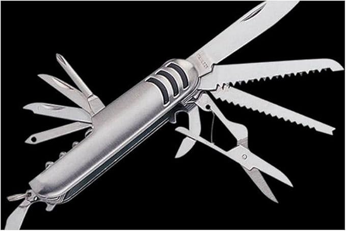 Multi Function Pocket Tools Chest Knife Stainless Steel with 11 features: knife, saw, double jagged, scissors, bottle opener, can opener, the screwdriver, file, the threading, scissors, red wine drill