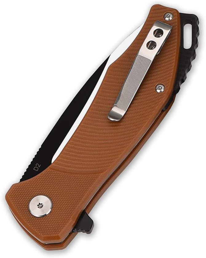 QSP Raven 4.5" Flipper Folding Pocket Knife, D2 Blade G10 handle, smooth flipper opening knife (BROWN)