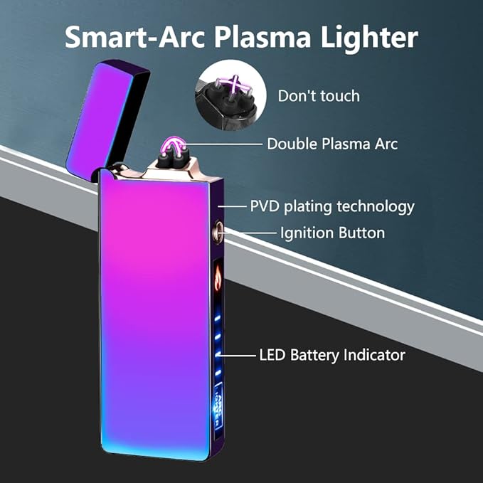 YOZWOO Plasma Lighter Electric Lighters Rechargeable USB Dual Arc Lighter Flameless Windproof No Butane Lighter Candle Lighters with LED Battery Indicator for Outdoor Camping, BBQ, Hiking (Color)