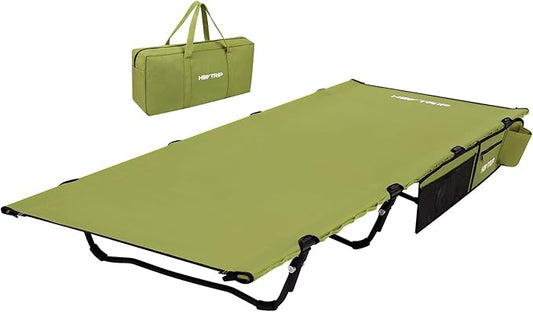 HEYTRIP Extra-Wide Camping Cot, Upgrade Sturdy Camping Bed, XXL Cots for Sleeping Support 500lb, Folding Cot with Side Pocket, Carry Bag Ultralight Backpacking Cot for Travel(Green)