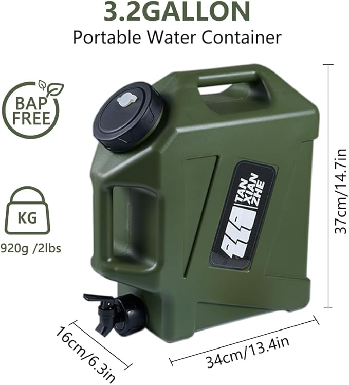 3.2 Gallon Water Jug Camping Water Container, BPA Free Portable Emergency Water Storage Tank with Spigot No Leakage Outdoor Hiking Green