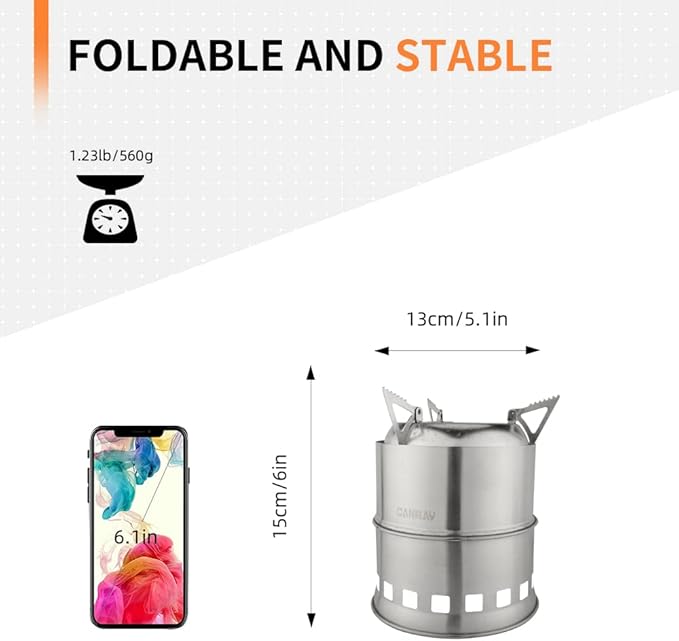 CANWAY Portable Camping Stove Wood Mini Camp Stove Survival Cooking Stove Stainless Steel Emergency Folding Camping Stove with Carry Bag for Outdoor Backpacking Hiking Traveling