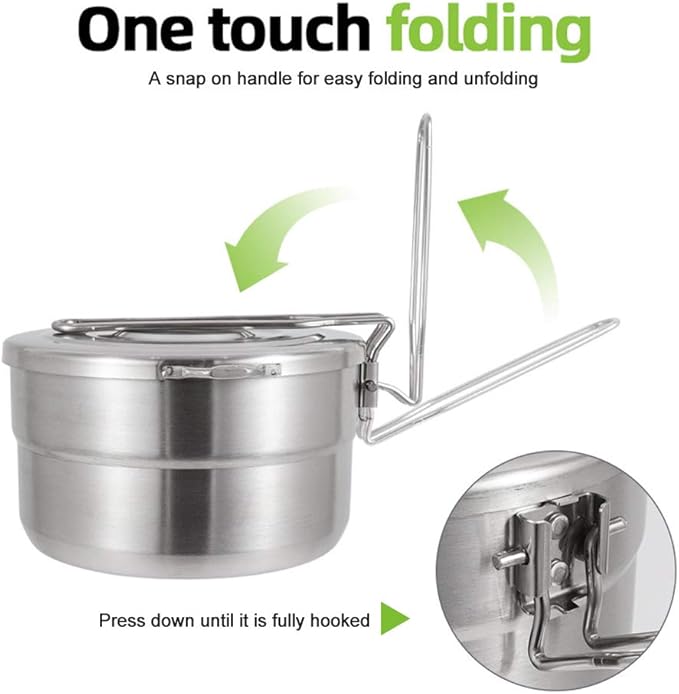 Stainless Steel Camping Cook Pot with Lid and Folding Handle Camping Cookware 1.5L Large Capacity Bento Pot for Camping, Hiking, Picnic